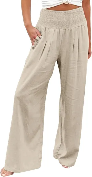 Women Linen Palazzo Pants 2024 Summer Casual Loose Beach Wide Leg Elastic High Waist Travel Lounge Pants with Pockets