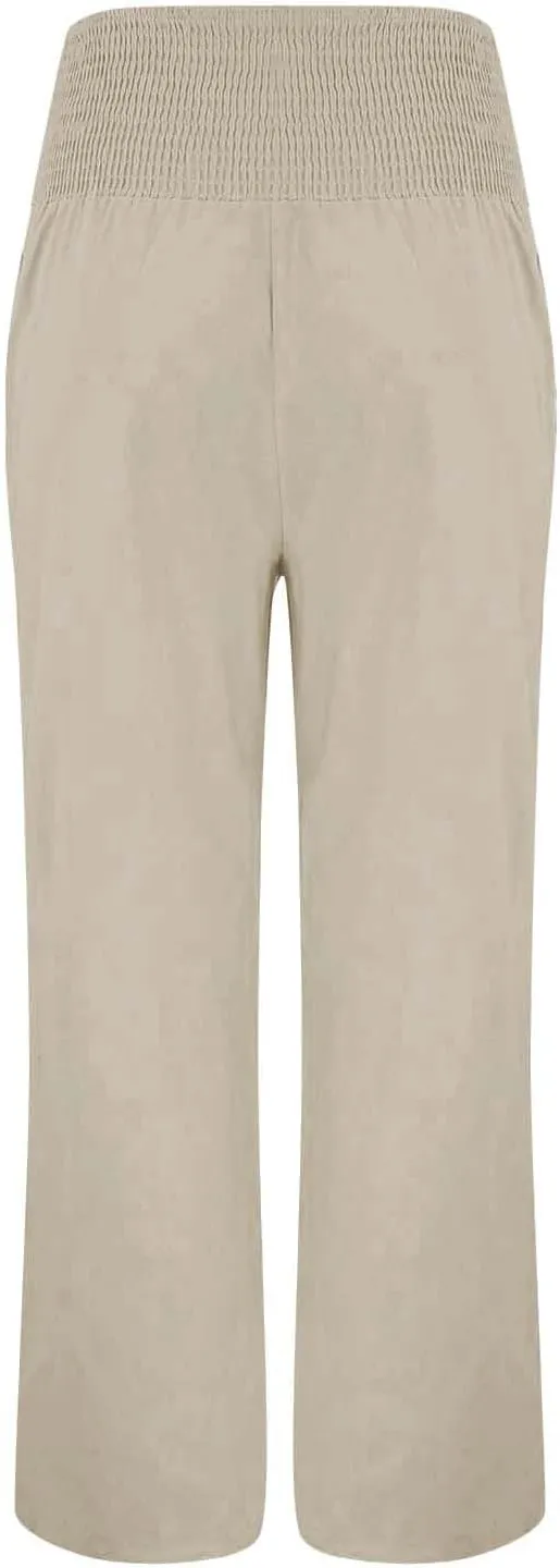 Women Linen Palazzo Pants 2024 Summer Casual Loose Beach Wide Leg Elastic High Waist Travel Lounge Pants with Pockets