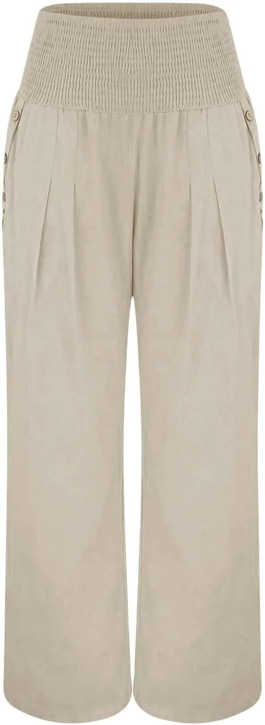 Women Linen Palazzo Pants 2024 Summer Casual Loose Beach Wide Leg Elastic High Waist Travel Lounge Pants with Pockets