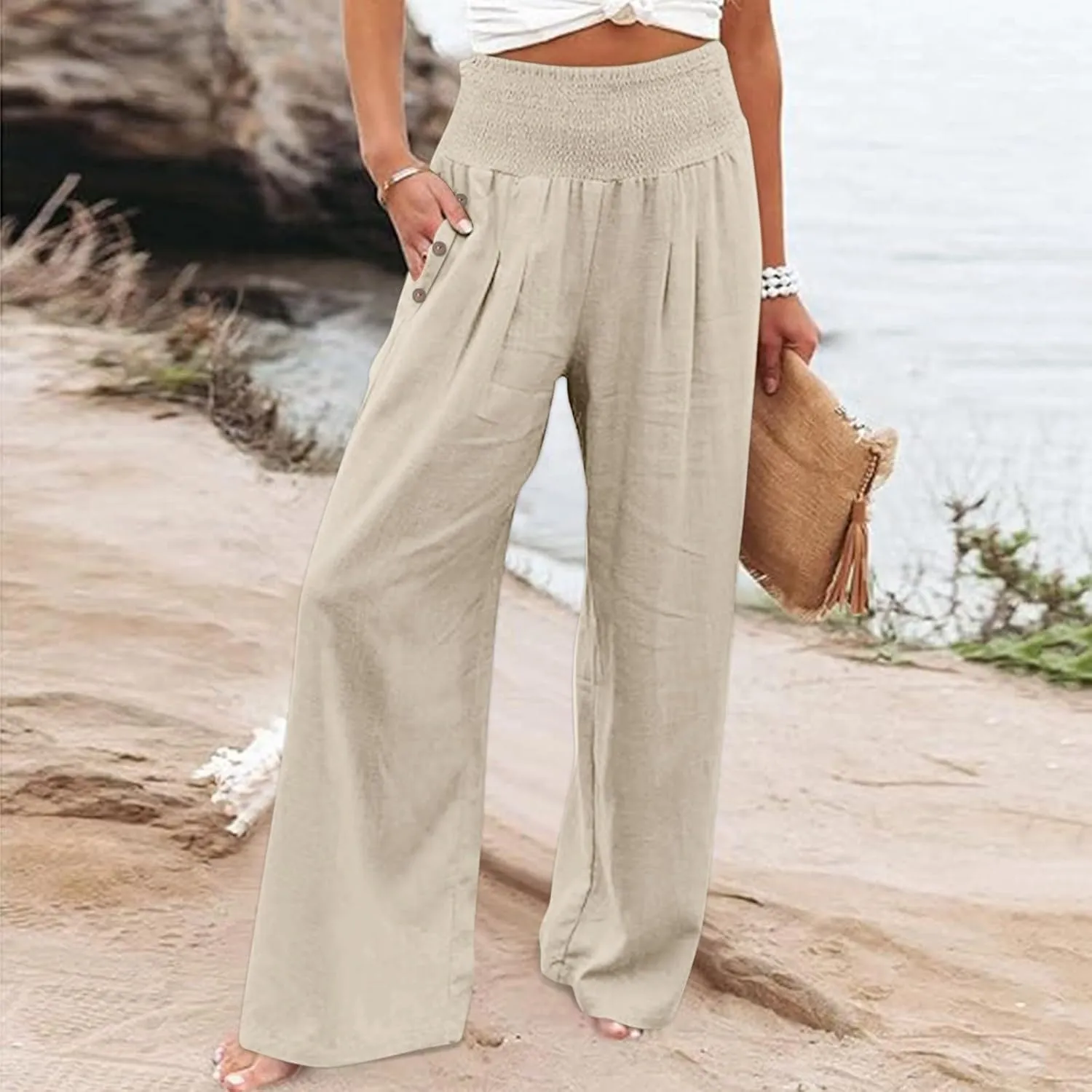 Women Linen Palazzo Pants 2024 Summer Casual Loose Beach Wide Leg Elastic High Waist Travel Lounge Pants with Pockets
