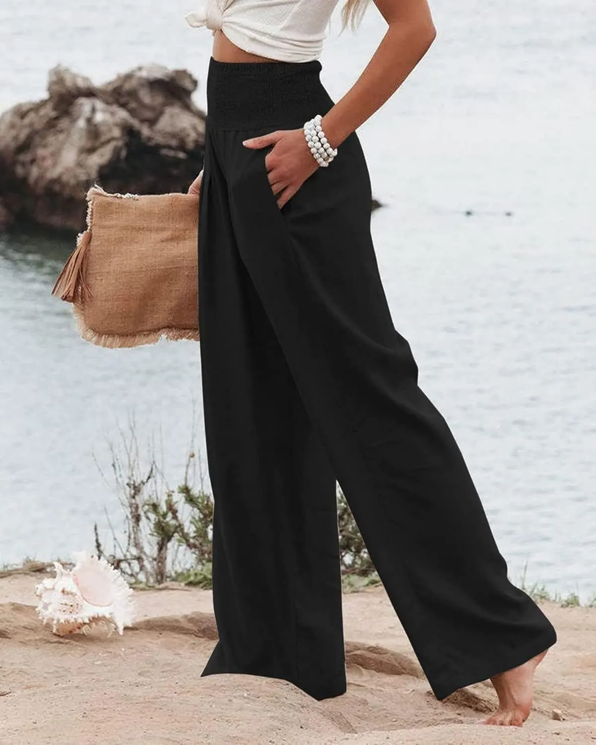 Women Linen Pants Elastic High Waist Wide Leg Palazzo Pants Summer Casual Loose Beach Pants Trousers with Pocket