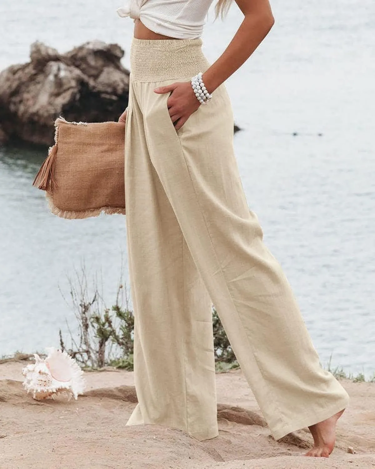 Women Linen Pants Elastic High Waist Wide Leg Palazzo Pants Summer Casual Loose Beach Pants Trousers with Pocket