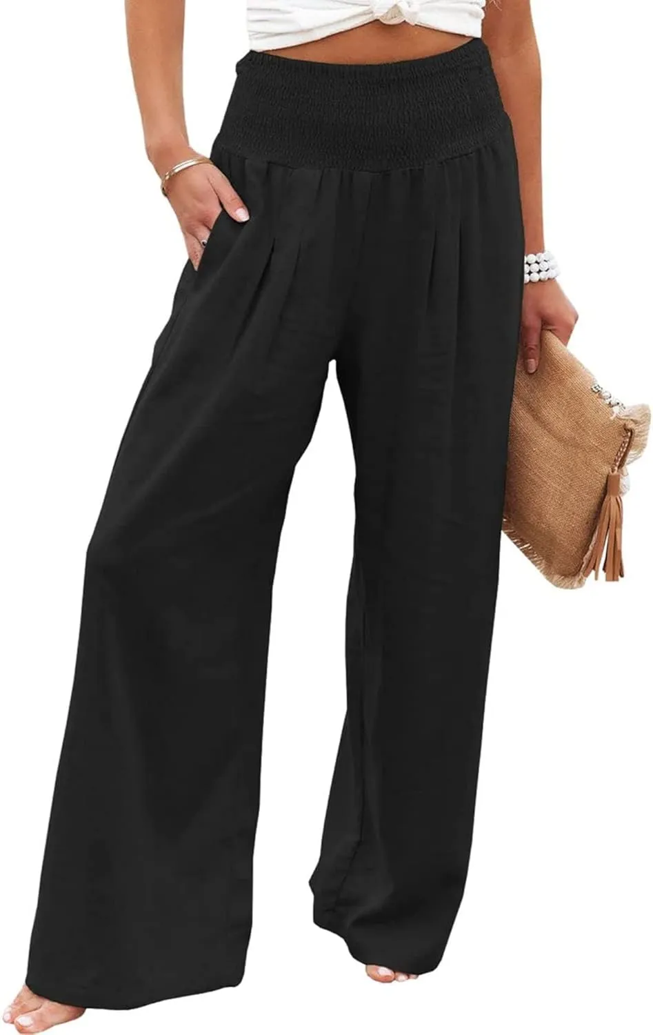 Women Linen Pants Elastic High Waist Wide Leg Palazzo Pants Summer Casual Loose Beach Pants Trousers with Pocket