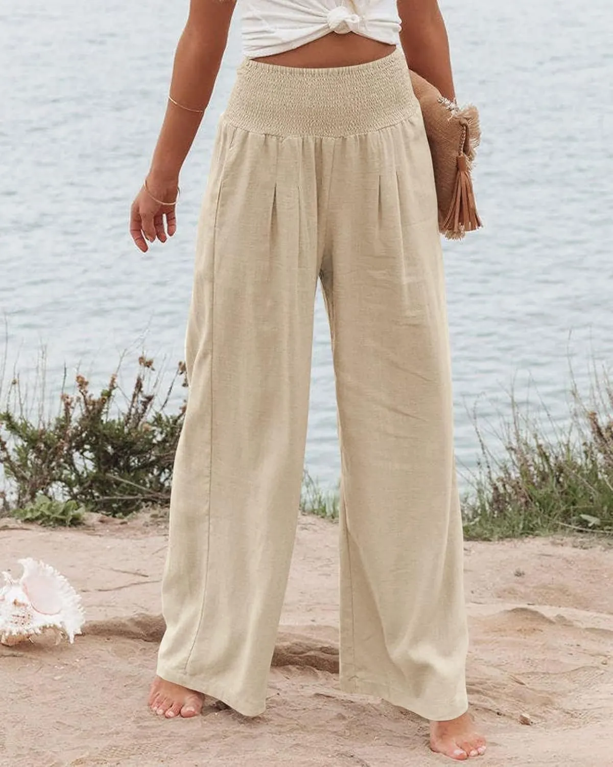 Women Linen Pants Elastic High Waist Wide Leg Palazzo Pants Summer Casual Loose Beach Pants Trousers with Pocket