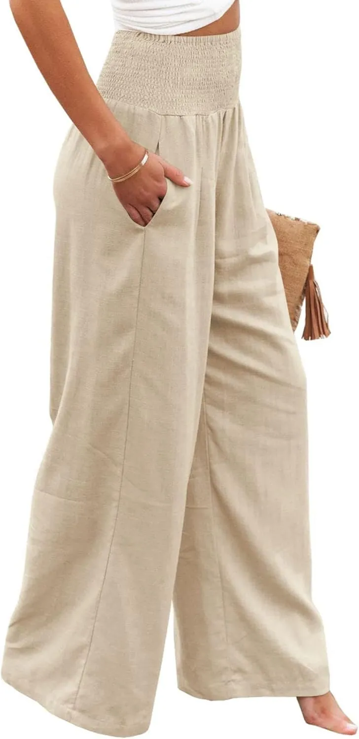 Women Linen Pants Elastic High Waist Wide Leg Palazzo Pants Summer Casual Loose Beach Pants Trousers with Pocket