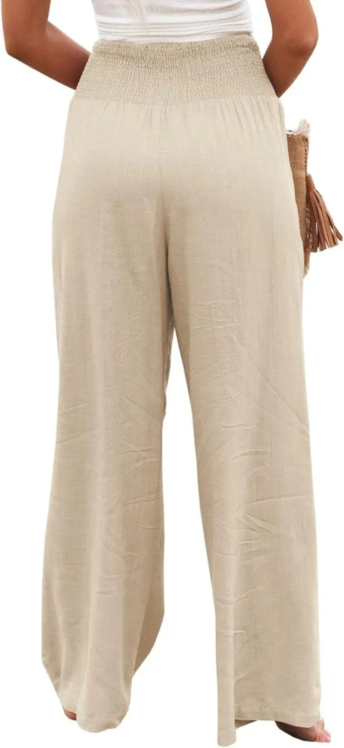 Women Linen Pants Elastic High Waist Wide Leg Palazzo Pants Summer Casual Loose Beach Pants Trousers with Pocket