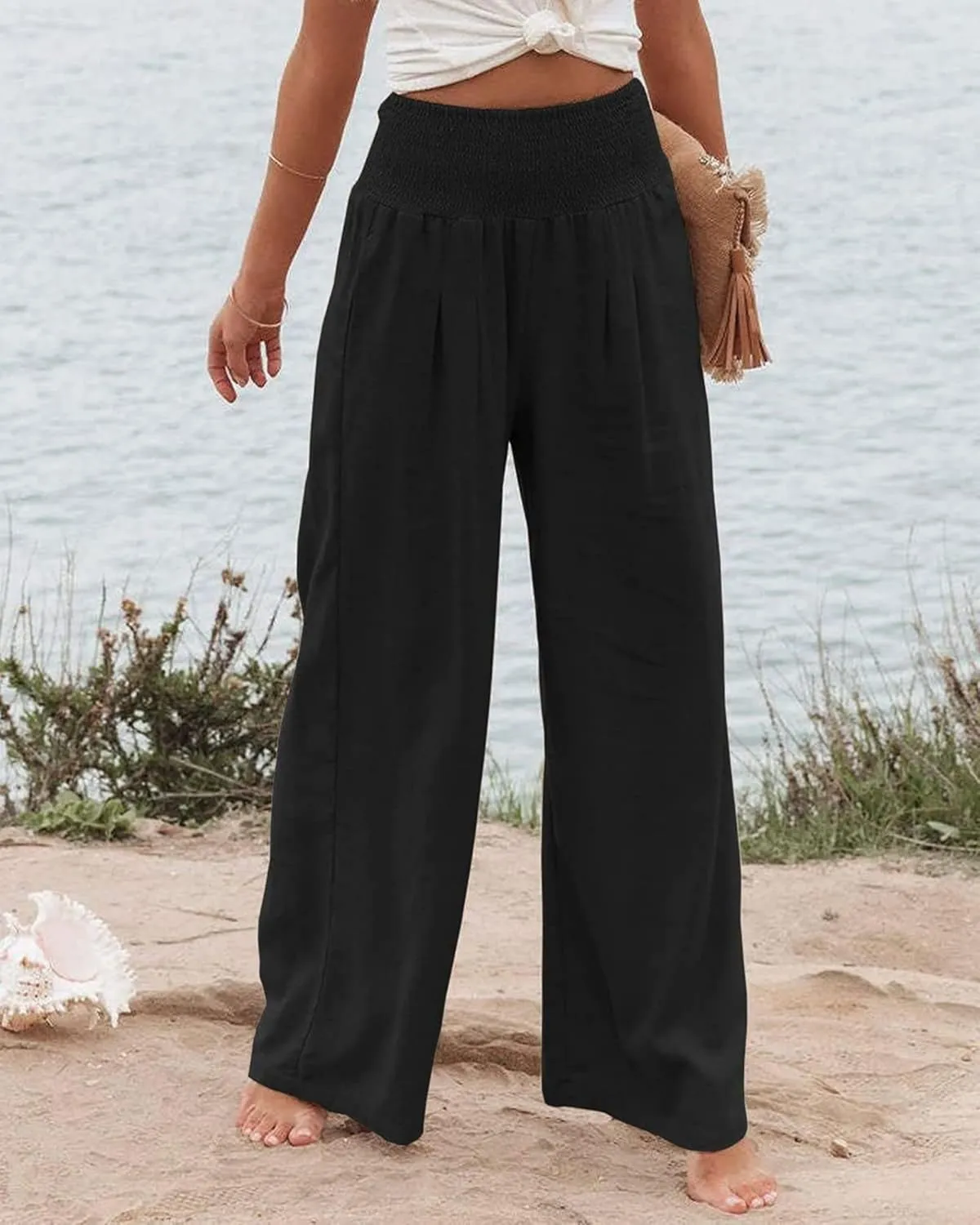 Women Linen Pants Elastic High Waist Wide Leg Palazzo Pants Summer Casual Loose Beach Pants Trousers with Pocket