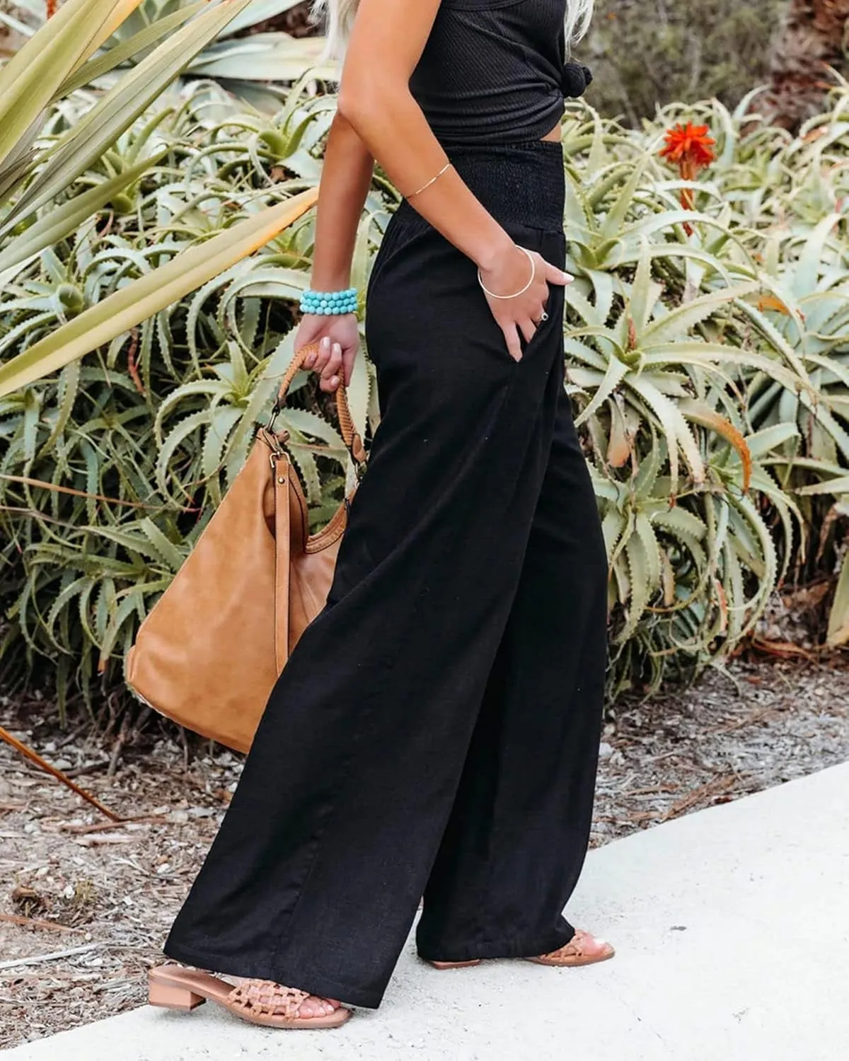 Women Linen Pants Elastic High Waist Wide Leg Palazzo Pants Summer Casual Loose Beach Pants Trousers with Pocket