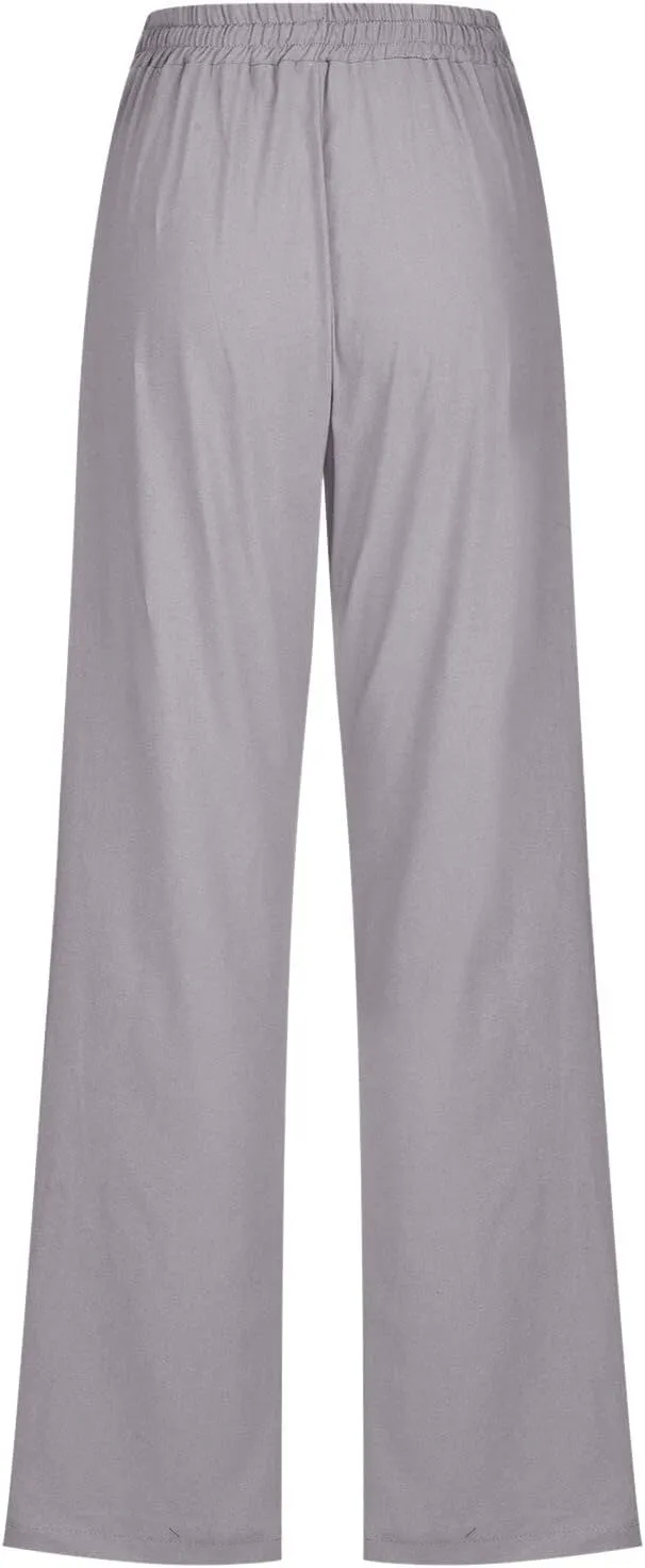 Women Linen Summer Baggy Pant Trousers Low Waist Stretchy Straight Loose Fit Pant Trousers Beach