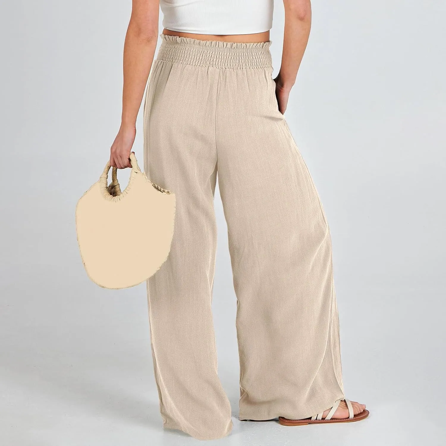 Women Linen Summer Breathable Palazzo Pants Low Waist Bootcut Slim-Fit Pants Business Work