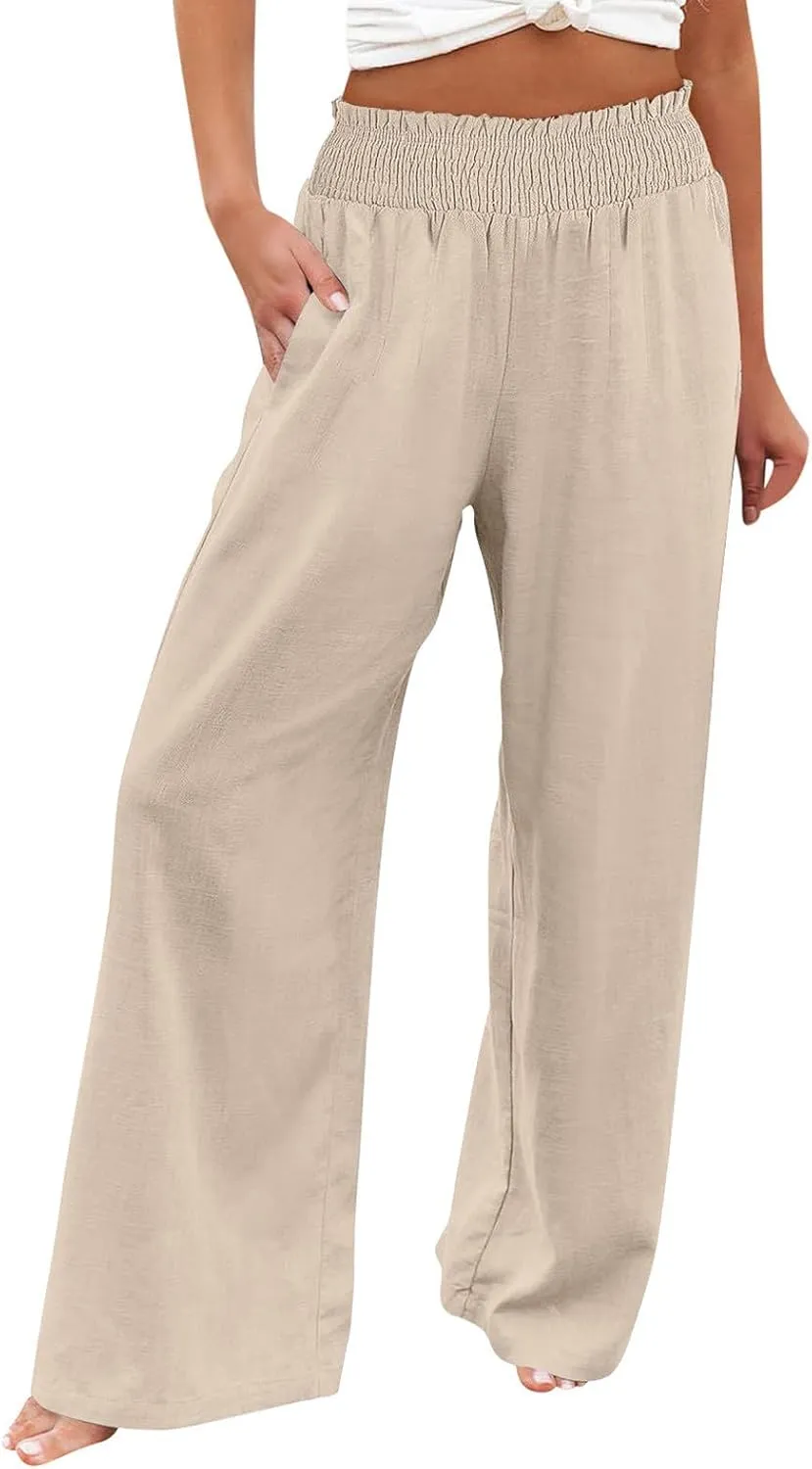 Women Linen Summer Breathable Palazzo Pants Low Waist Bootcut Slim-Fit Pants Business Work