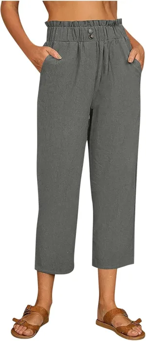 Women Linen Summer Floral Pants Low Waist Stretchy Plus Size Palazzo Lounge Pants Travel