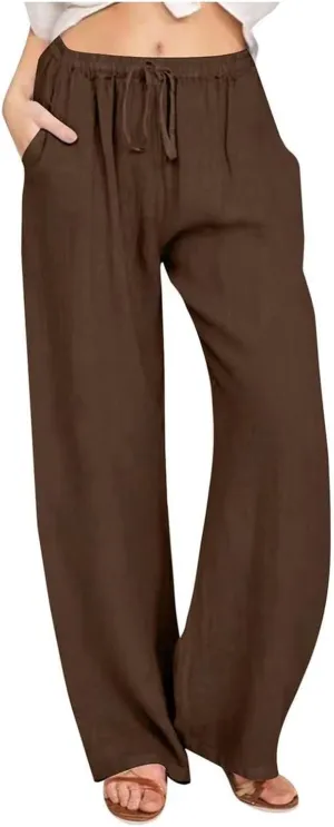 Women Linen Summer Tie Knot Palazzo Pants Low Waist Bootcut Loose Fit Trouser Trendy
