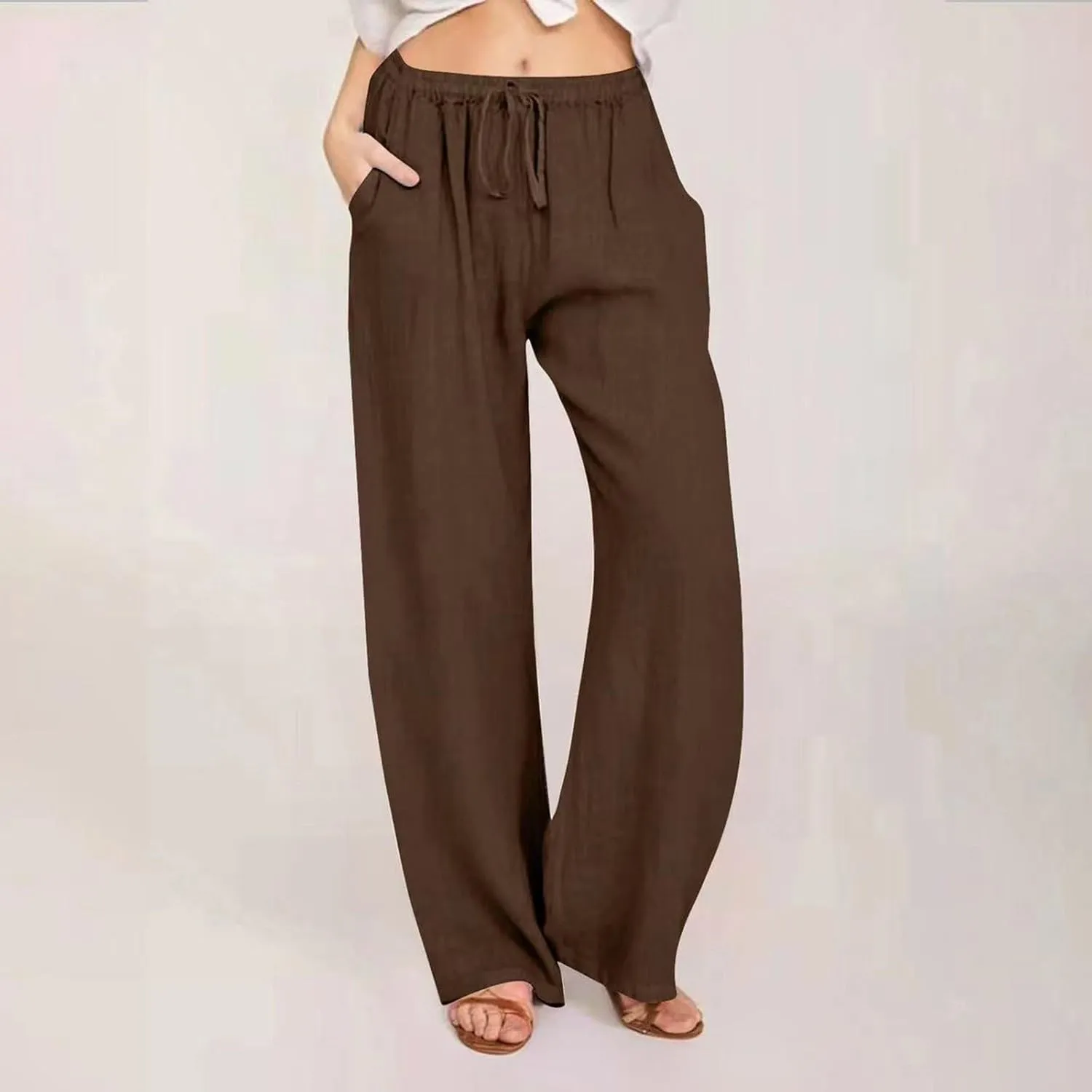Women Linen Summer Tie Knot Palazzo Pants Low Waist Bootcut Loose Fit Trouser Trendy