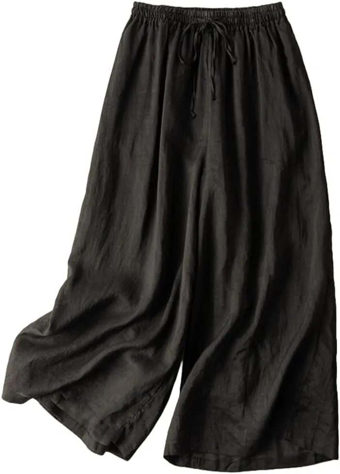Women Wide Leg Pant Cotton Linen Elastic High Waist Cropped Trousers Solid Color Casual Mosquito Proof Summer Pants