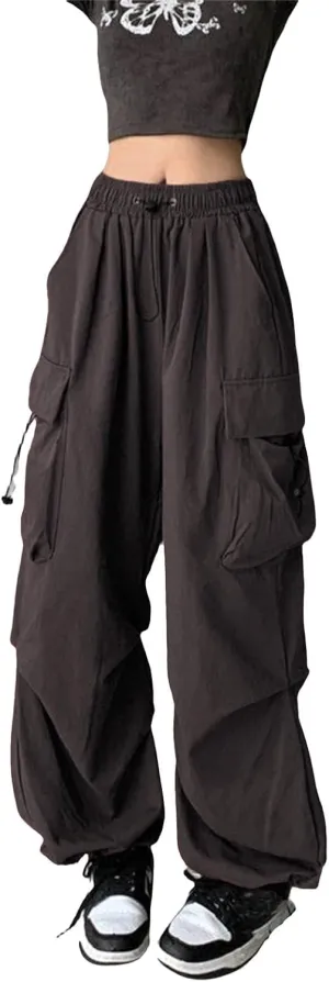 Women Y2K Retro Cargo Pants High Waist Wide Leg Pants Streetwear Punk Mopping Baggy Trousers Hip Hop Parachute Pants