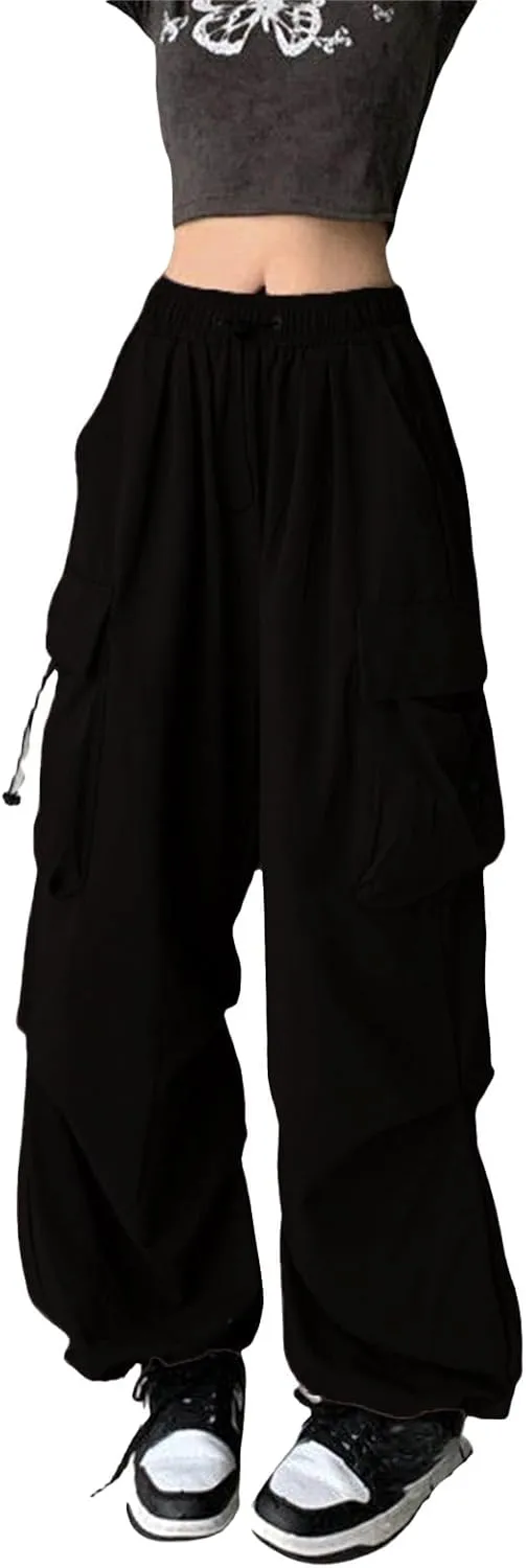 Women Y2K Retro Cargo Pants High Waist Wide Leg Pants Streetwear Punk Mopping Baggy Trousers Hip Hop Parachute Pants