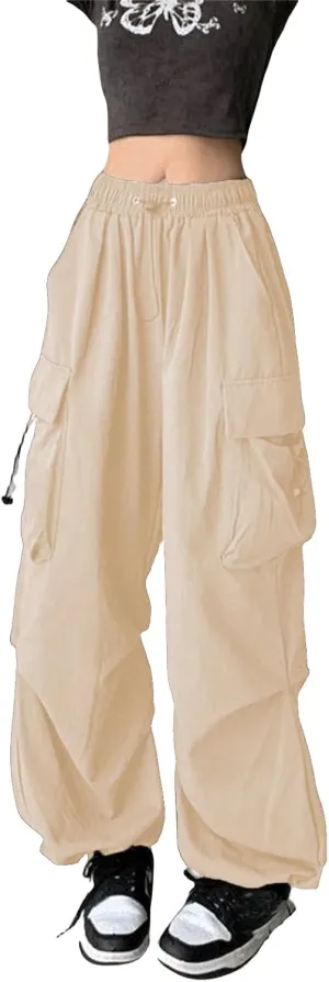Women Y2K Retro Cargo Pants High Waist Wide Leg Pants Streetwear Punk Mopping Baggy Trousers Hip Hop Parachute Pants