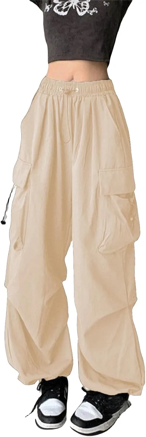 Women Y2K Retro Cargo Pants High Waist Wide Leg Pants Streetwear Punk Mopping Baggy Trousers Hip Hop Parachute Pants