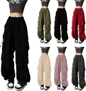 Women Y2K Retro Cargo Pants High Waist Wide Leg Pants Streetwear Punk Mopping Baggy Trousers Hip Hop Parachute Pants