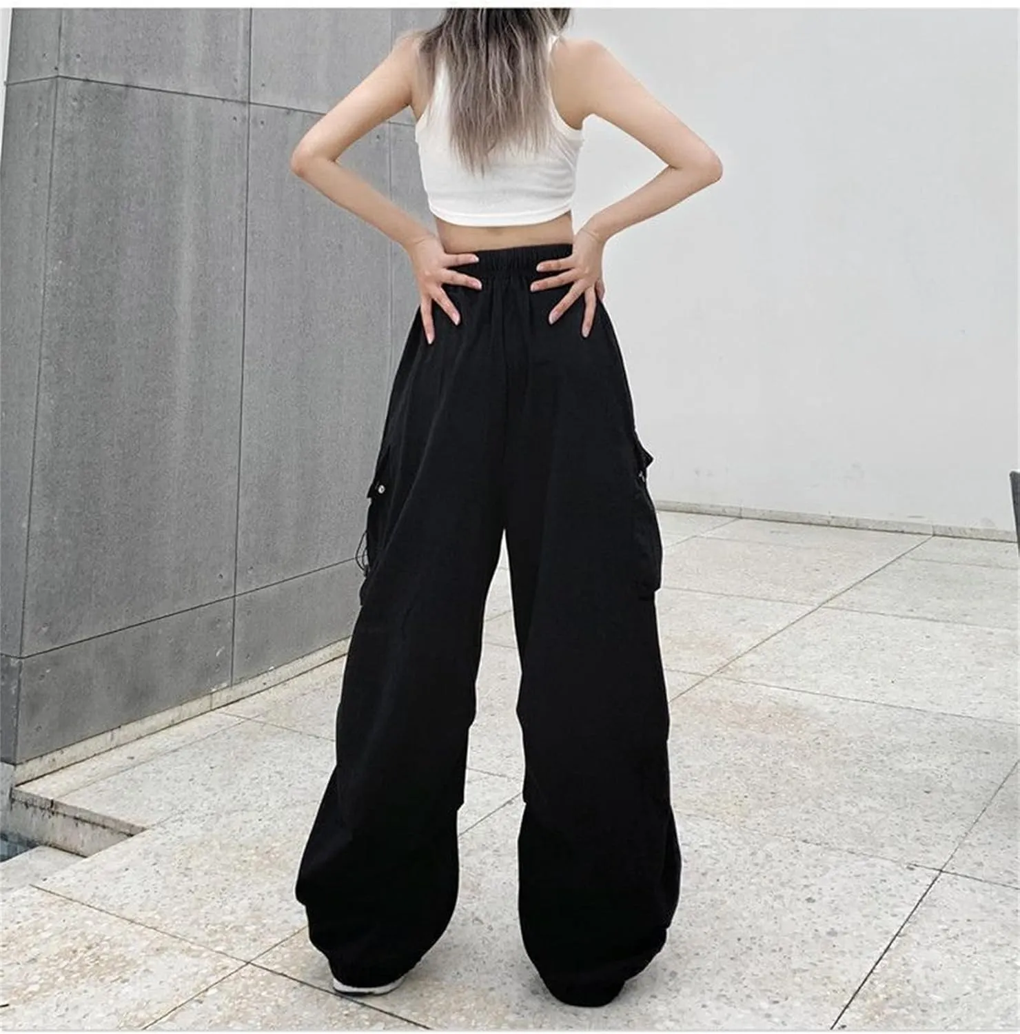 Women Y2K Retro Cargo Pants High Waist Wide Leg Pants Streetwear Punk Mopping Baggy Trousers Hip Hop Parachute Pants