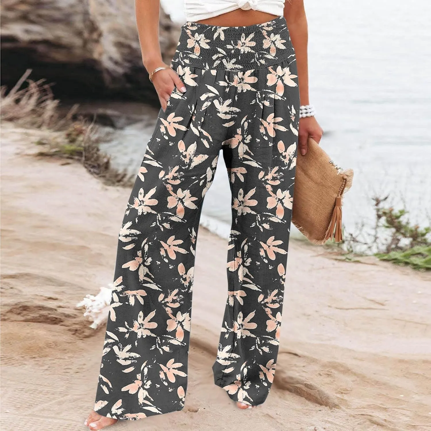 Womens Bohemian Wide Leg Pants Smocked High Waist Flowy Beach Trousers 2025 Summer Casual Boho Loose Palazzo Pants