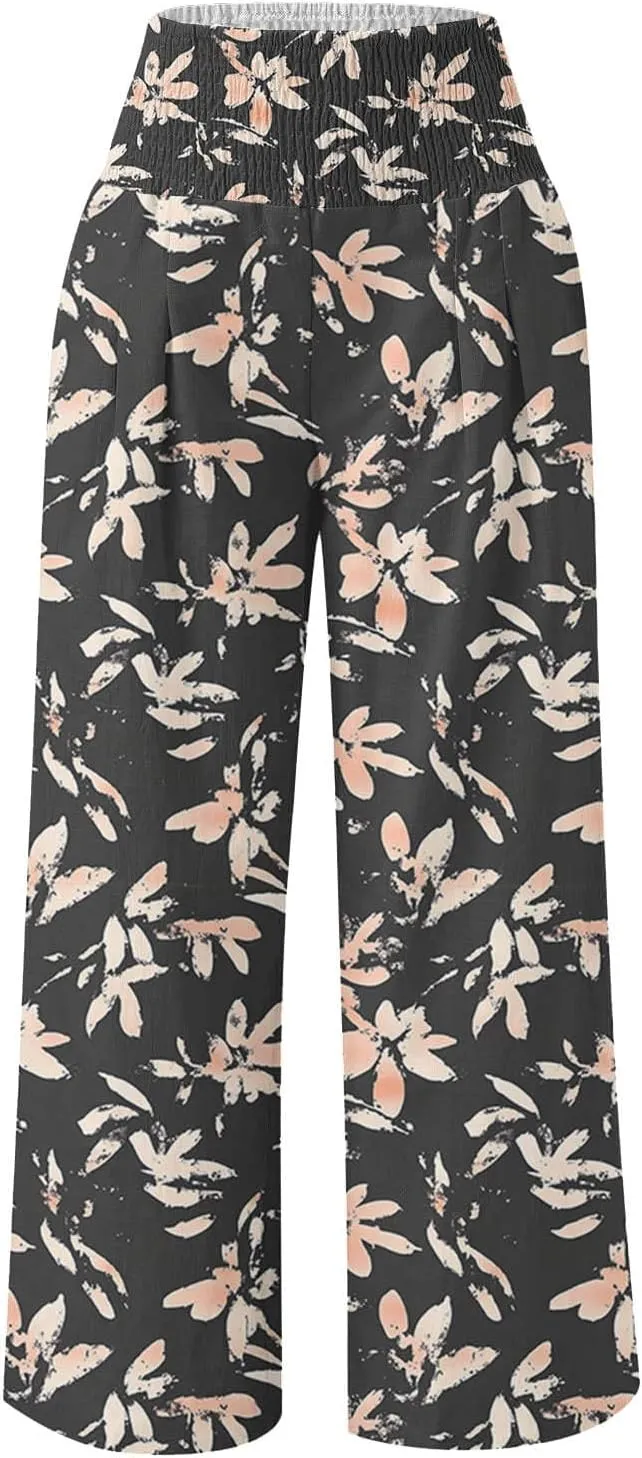 Womens Bohemian Wide Leg Pants Smocked High Waist Flowy Beach Trousers 2025 Summer Casual Boho Loose Palazzo Pants