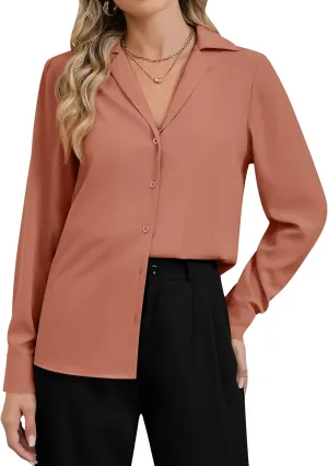 Women's Business Casual Tops Elegant Satin Silk Long Sleeve Button Down Shirts Lapel Collar V Neck Chiffon Work Blouses