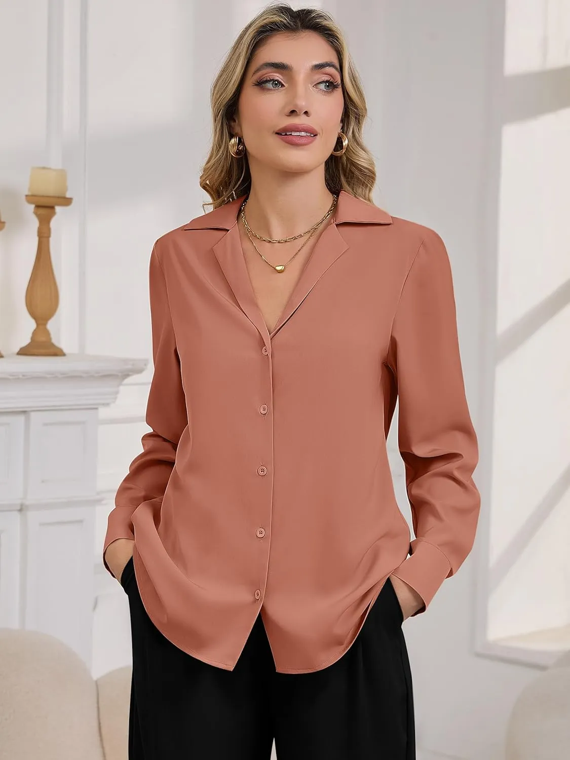 Women's Business Casual Tops Elegant Satin Silk Long Sleeve Button Down Shirts Lapel Collar V Neck Chiffon Work Blouses