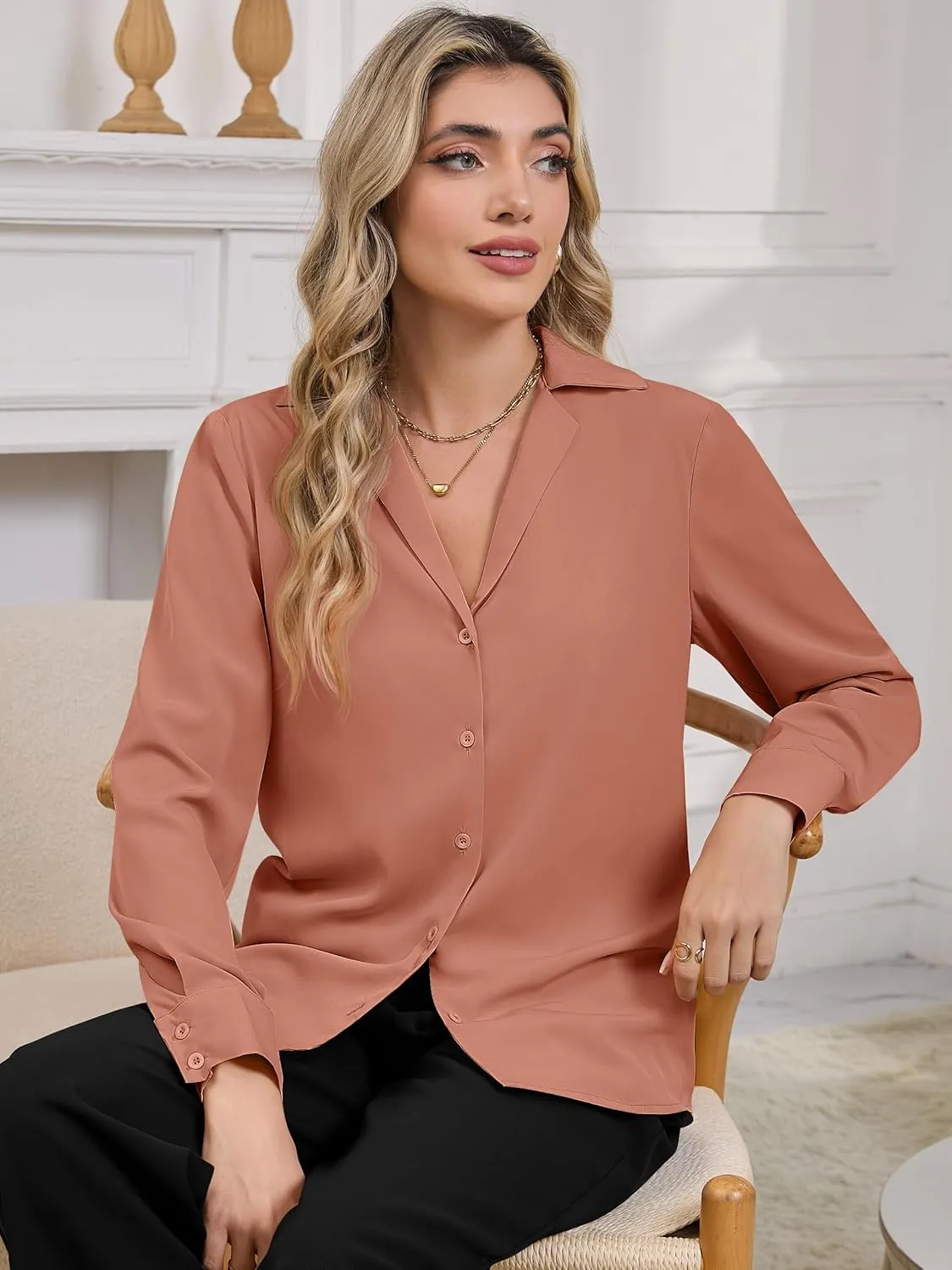 Women's Business Casual Tops Elegant Satin Silk Long Sleeve Button Down Shirts Lapel Collar V Neck Chiffon Work Blouses