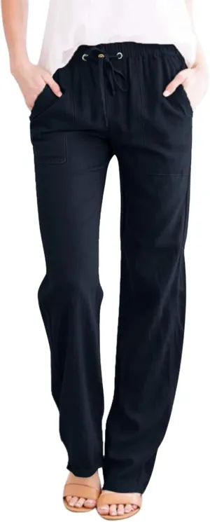 Womens Casual Linen High Waist Pants Drawstring Loose Fit Summer Pants Trousers with Side Pockets 2025