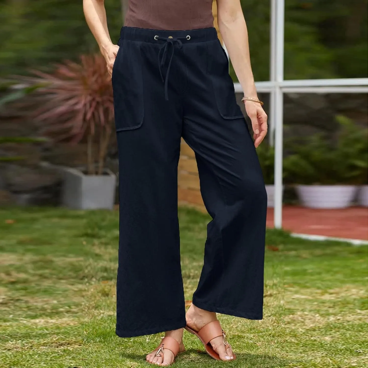 Womens Casual Linen High Waist Pants Drawstring Loose Fit Summer Pants Trousers with Side Pockets 2025