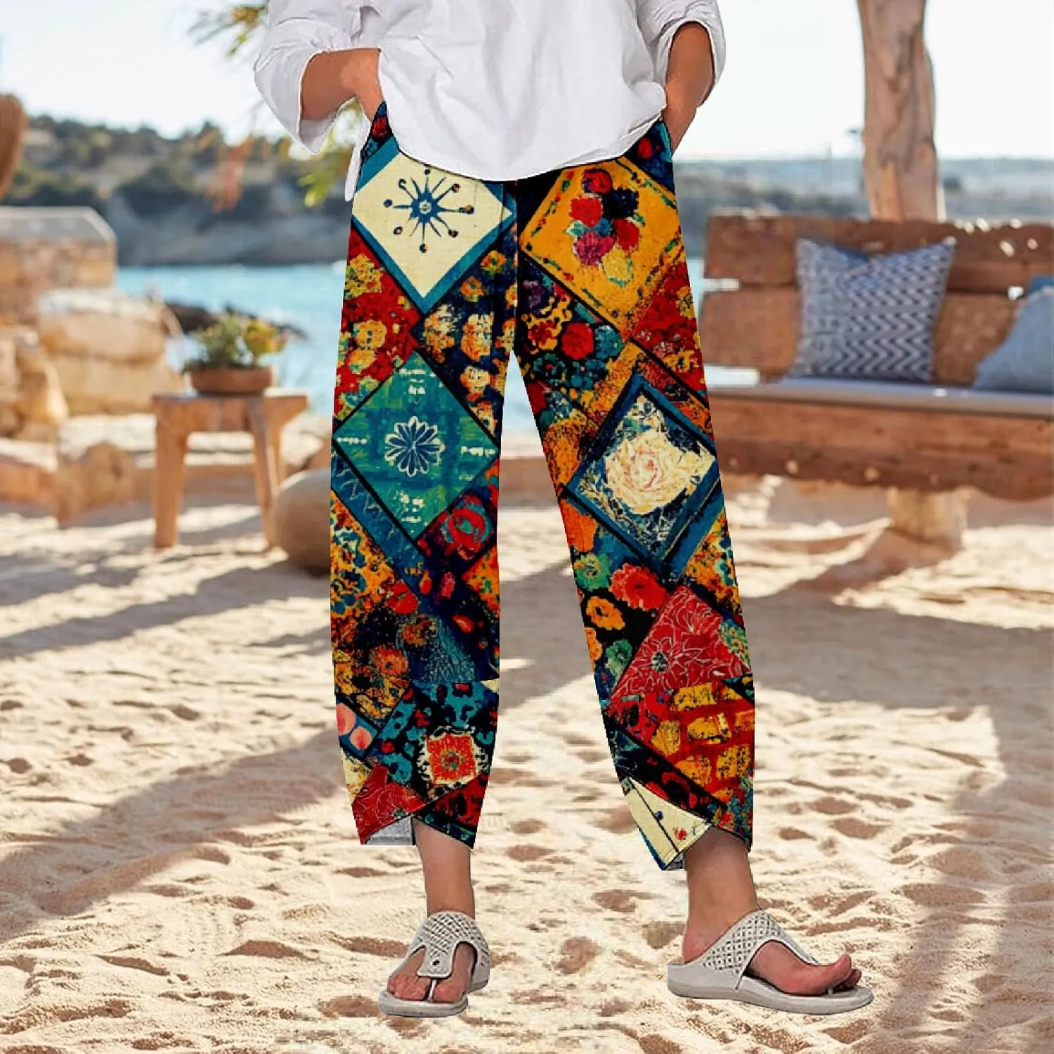Womens Cotton Linen Blend High Waisted Capri Pants with Pockets Summer Elastic Waist Palazzo Lounge Baggy Trousers