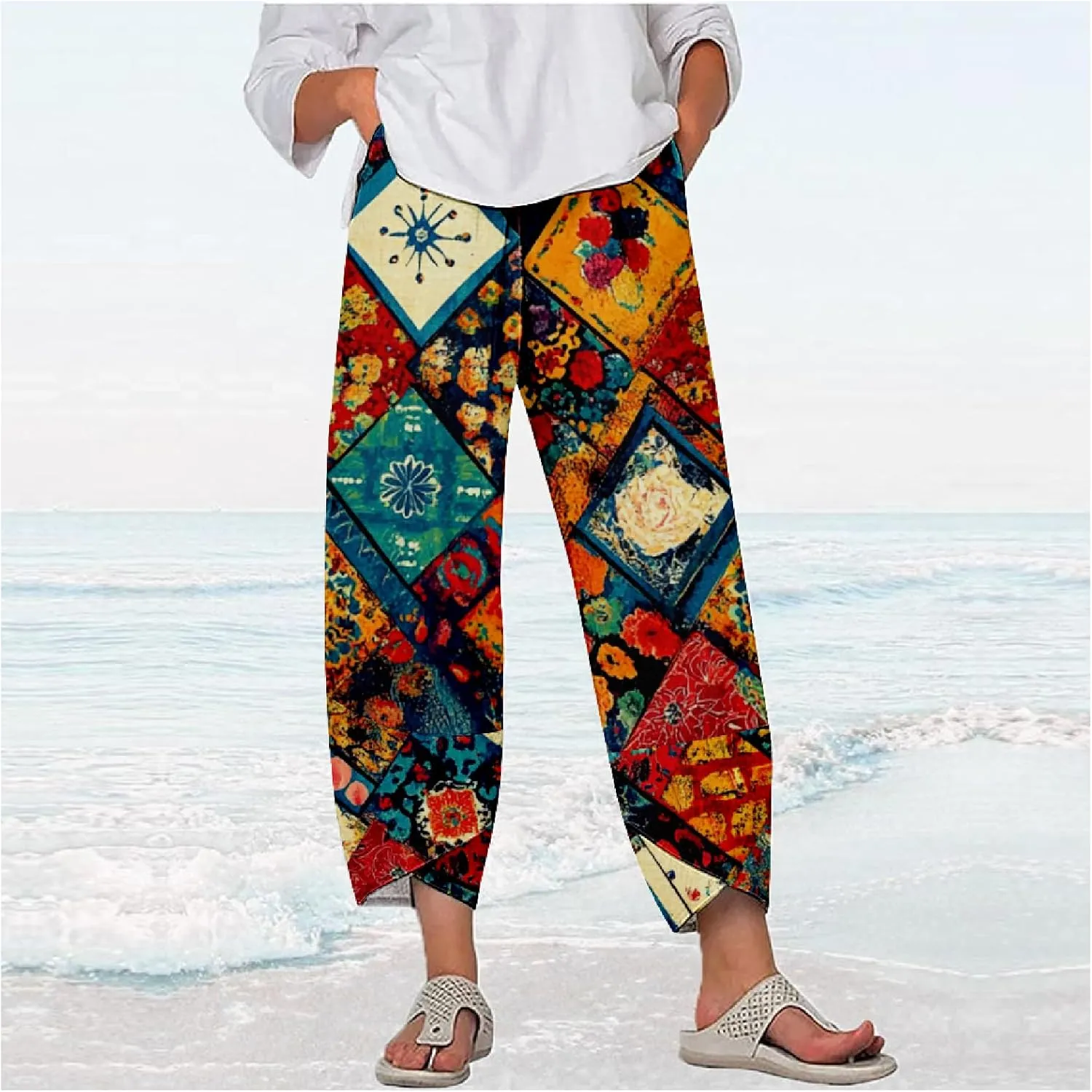Womens Cotton Linen Blend High Waisted Capri Pants with Pockets Summer Elastic Waist Palazzo Lounge Baggy Trousers