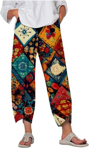 Womens Cotton Linen Blend High Waisted Capri Pants with Pockets Summer Elastic Waist Palazzo Lounge Baggy Trousers