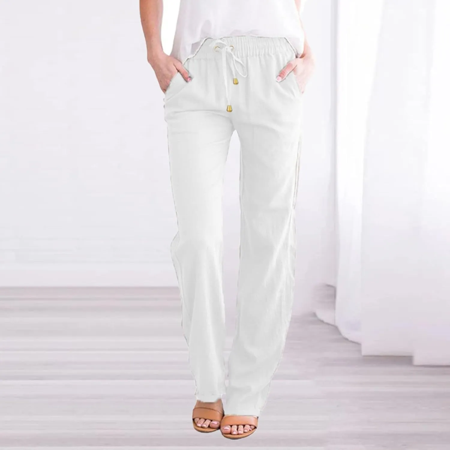 Women's Cotton Linen Pants Straight Leg Drawstring Elastic High Waist Loose Comfy Palazzo Trousers with Pockets