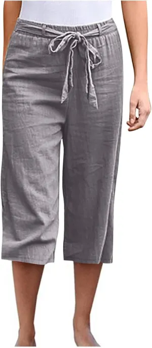 Women's Cotton Linen Summer Casual Palazzo Lounge Pants Low Waist Baggy Stretchy Slim-Fit Pants Vacation