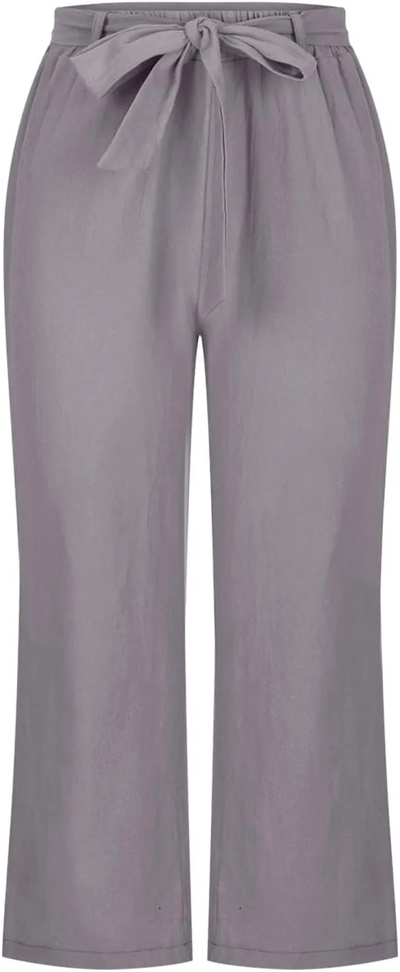 Women's Cotton Linen Summer Casual Palazzo Lounge Pants Low Waist Baggy Stretchy Slim-Fit Pants Vacation