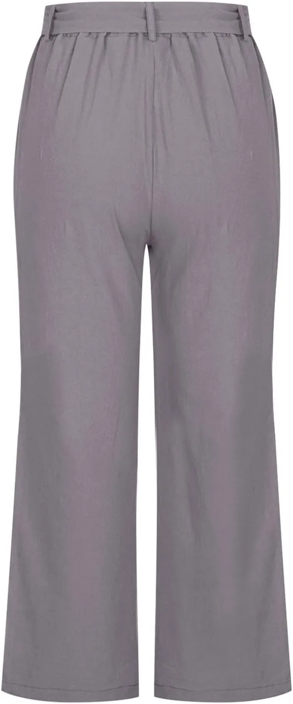 Women's Cotton Linen Summer Casual Palazzo Lounge Pants Low Waist Baggy Stretchy Slim-Fit Pants Vacation