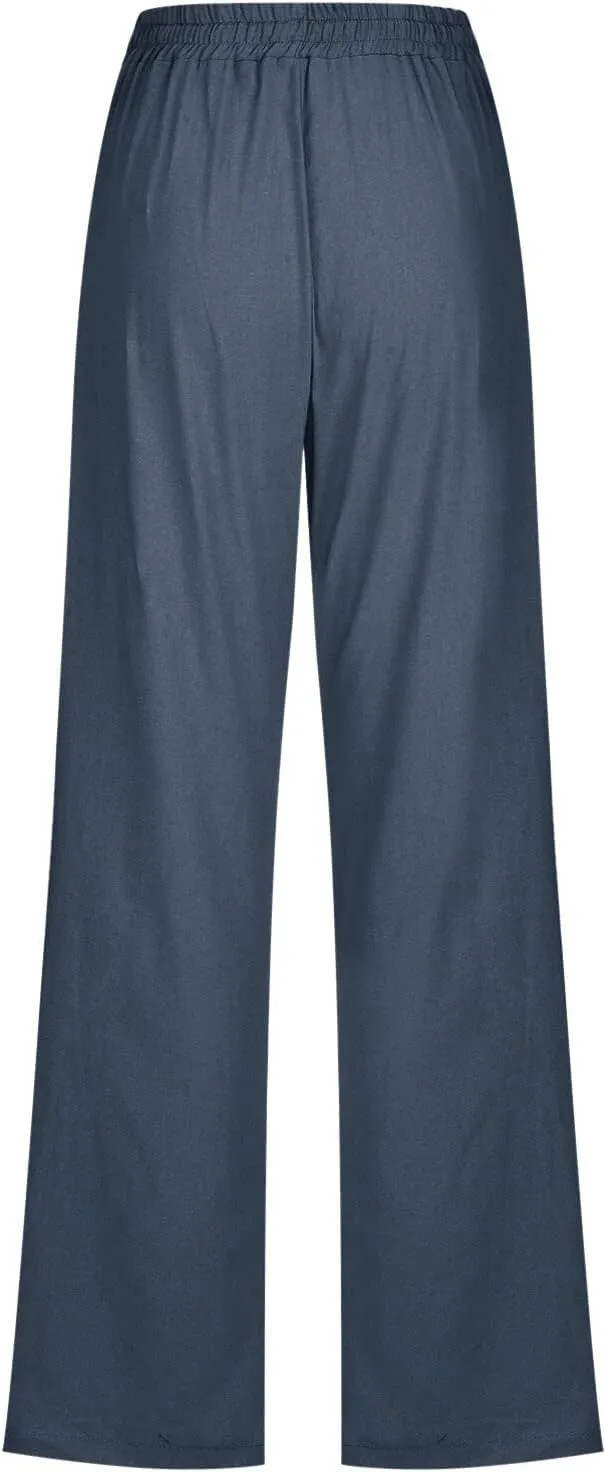 Womens Cotton Linen Summer Comfy Pants High Waist Wide Leg Slim-Fit Trousers Office