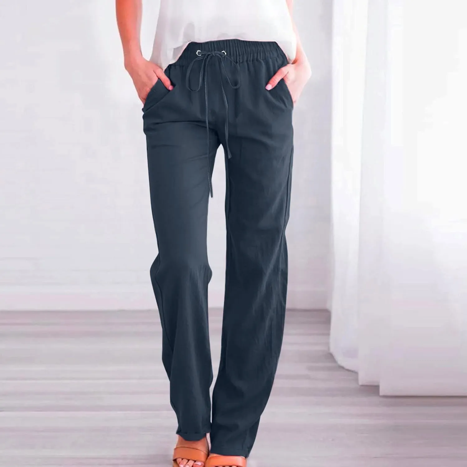 Womens Cotton Linen Summer Comfy Pants High Waist Wide Leg Slim-Fit Trousers Office