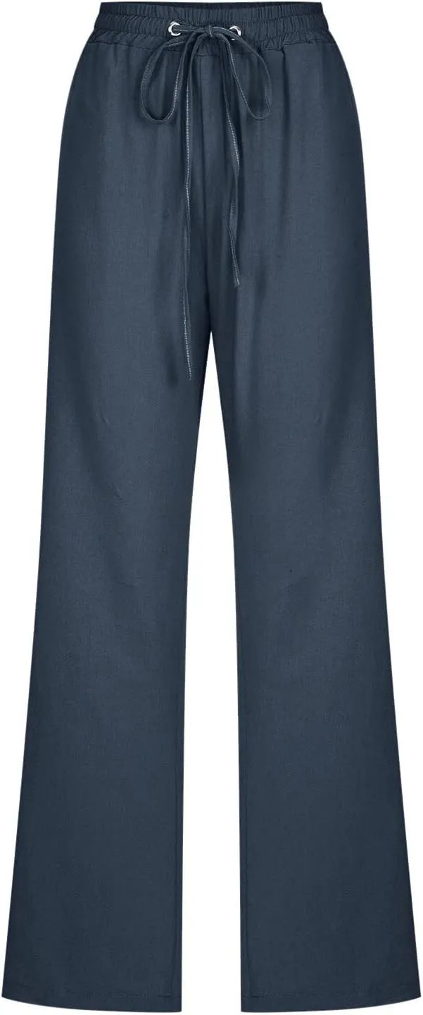 Womens Cotton Linen Summer Comfy Pants High Waist Wide Leg Slim-Fit Trousers Office