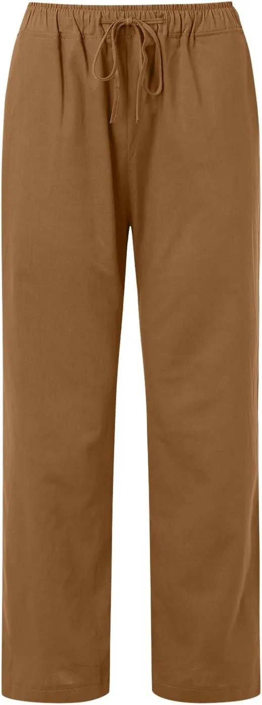 Womens Cotton Linen Summer Lightweigt Pants Elastic Waisted Stretchy Slim-Fit Pant Trousers Trendy