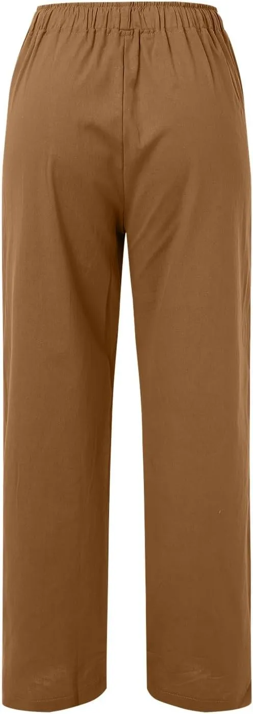 Womens Cotton Linen Summer Lightweigt Pants Elastic Waisted Stretchy Slim-Fit Pant Trousers Trendy