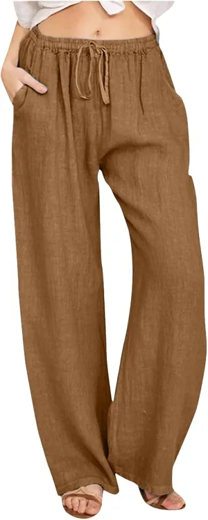 Womens Cotton Linen Summer Lightweigt Pants Elastic Waisted Stretchy Slim-Fit Pant Trousers Trendy