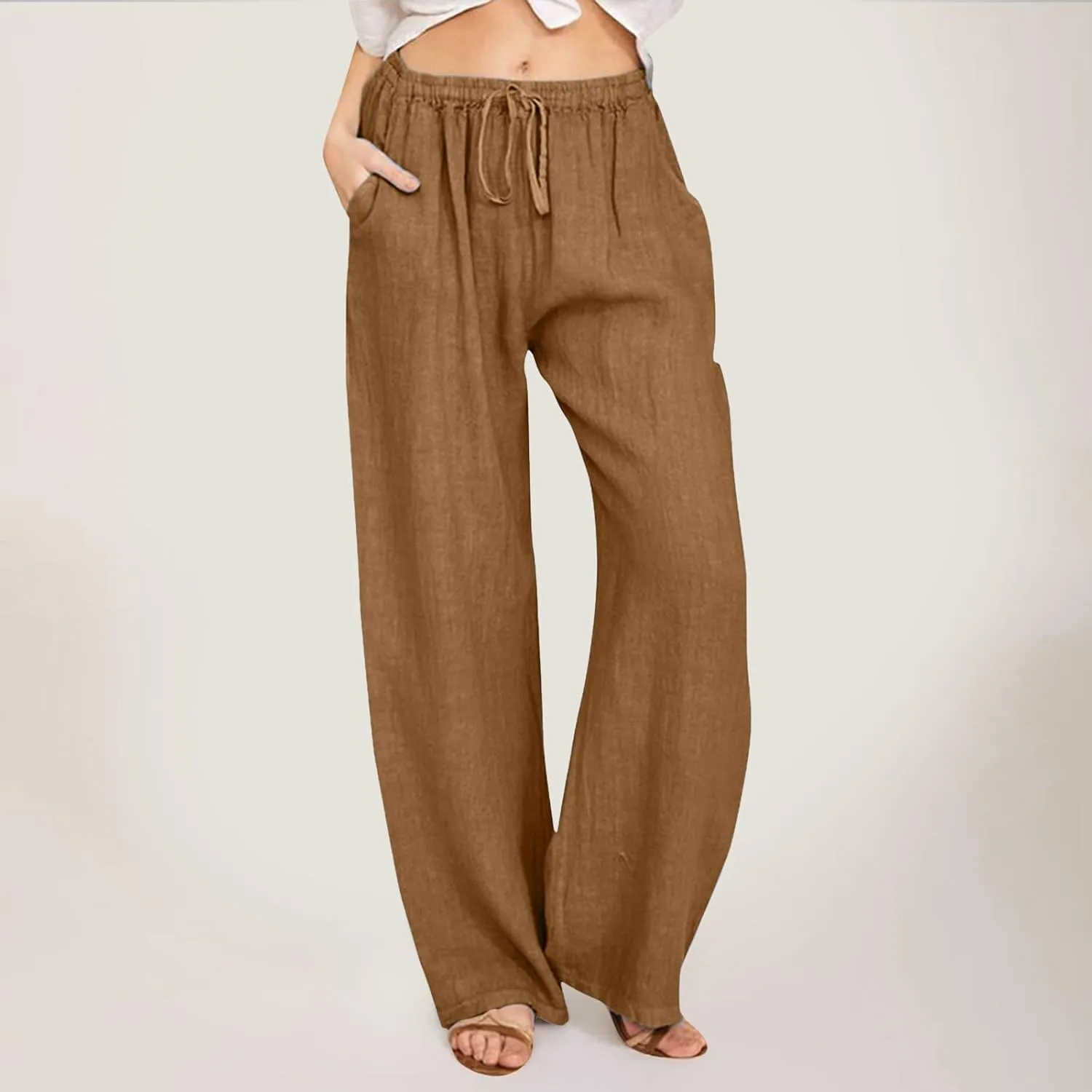 Womens Cotton Linen Summer Lightweigt Pants Elastic Waisted Stretchy Slim-Fit Pant Trousers Trendy