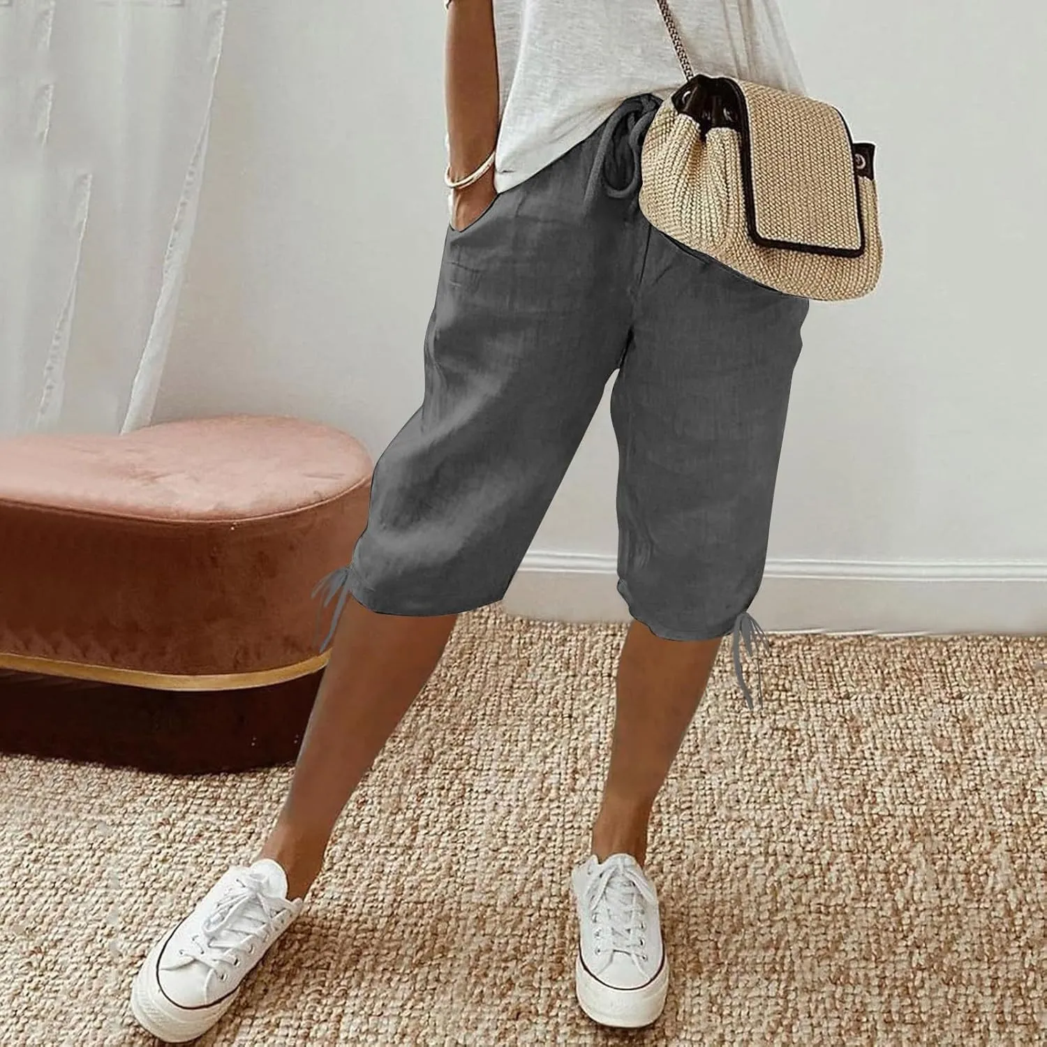 Women's Cotton Linen Summer Palazzo Pants Loose Cotton and Linen Pants Summer Drawstring Waist Wide Leg Pants