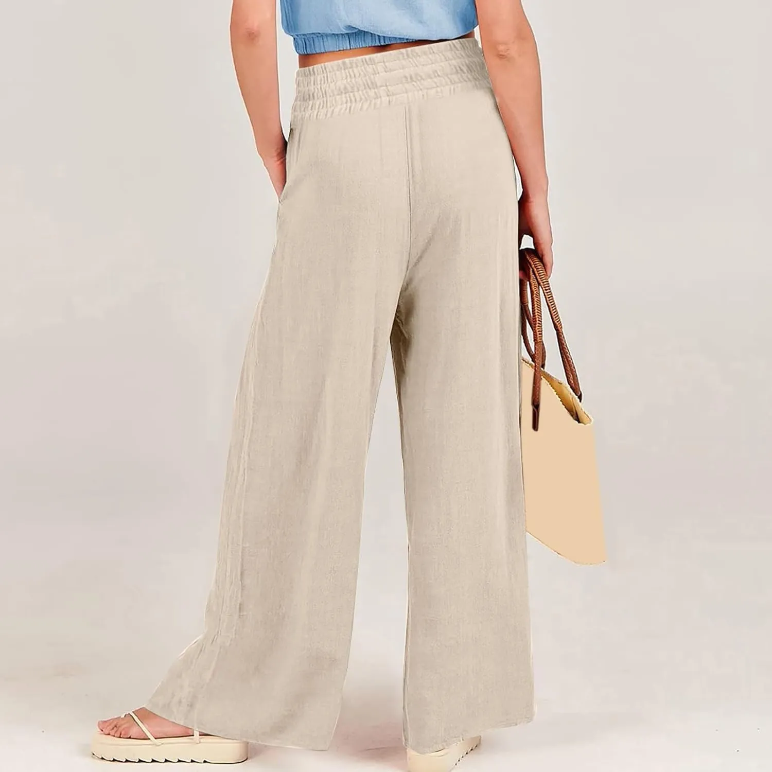 Womens Cotton Linen Summer Trendy Palazzo Pants High Waist Ankle Length Plus Size Palazzo Lounge Pants Vacation
