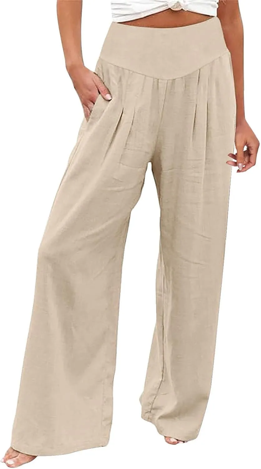 Womens Cotton Linen Summer Trendy Palazzo Pants High Waist Ankle Length Plus Size Palazzo Lounge Pants Vacation