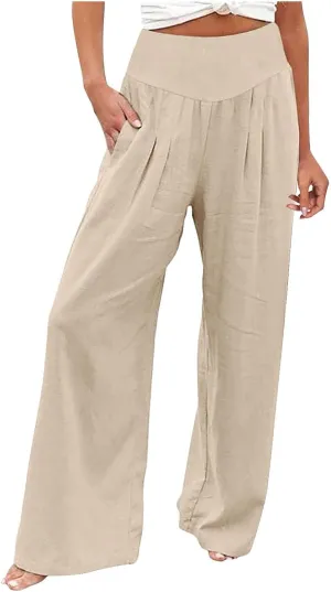 Womens Cotton Linen Summer Trendy Palazzo Pants High Waist Ankle Length Plus Size Palazzo Lounge Pants Vacation